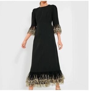 NWT POMANDER PLACE Black Lillith‎ Maxi Cocktail Dress w/ Gold Lace Size Large